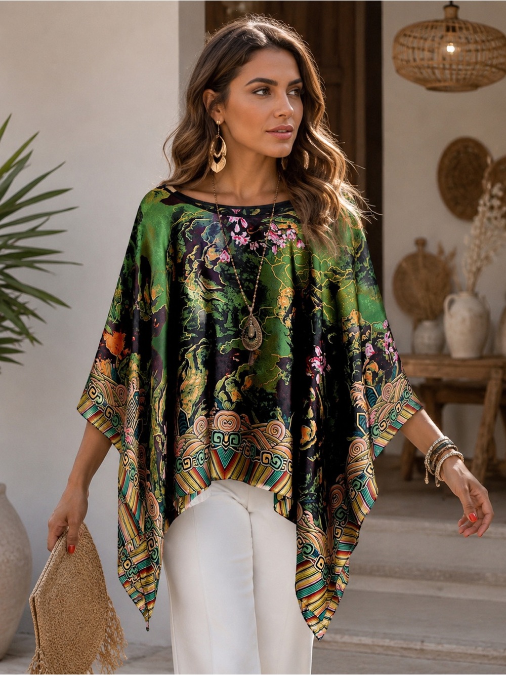 Boho Floral Green Satin Poncho Top - Women